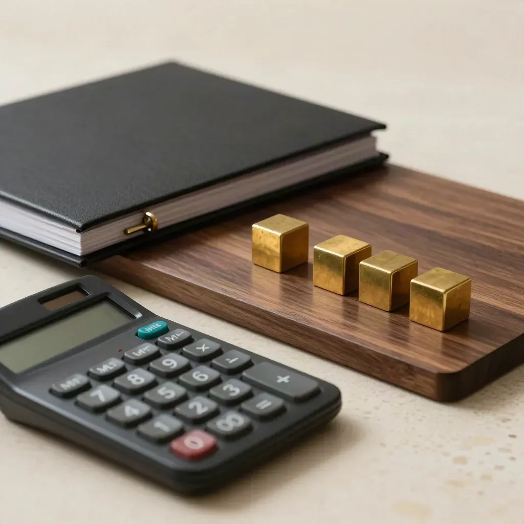 Charcoal binder, calculator and brass cubes on walnut board, frozen mid-settle.