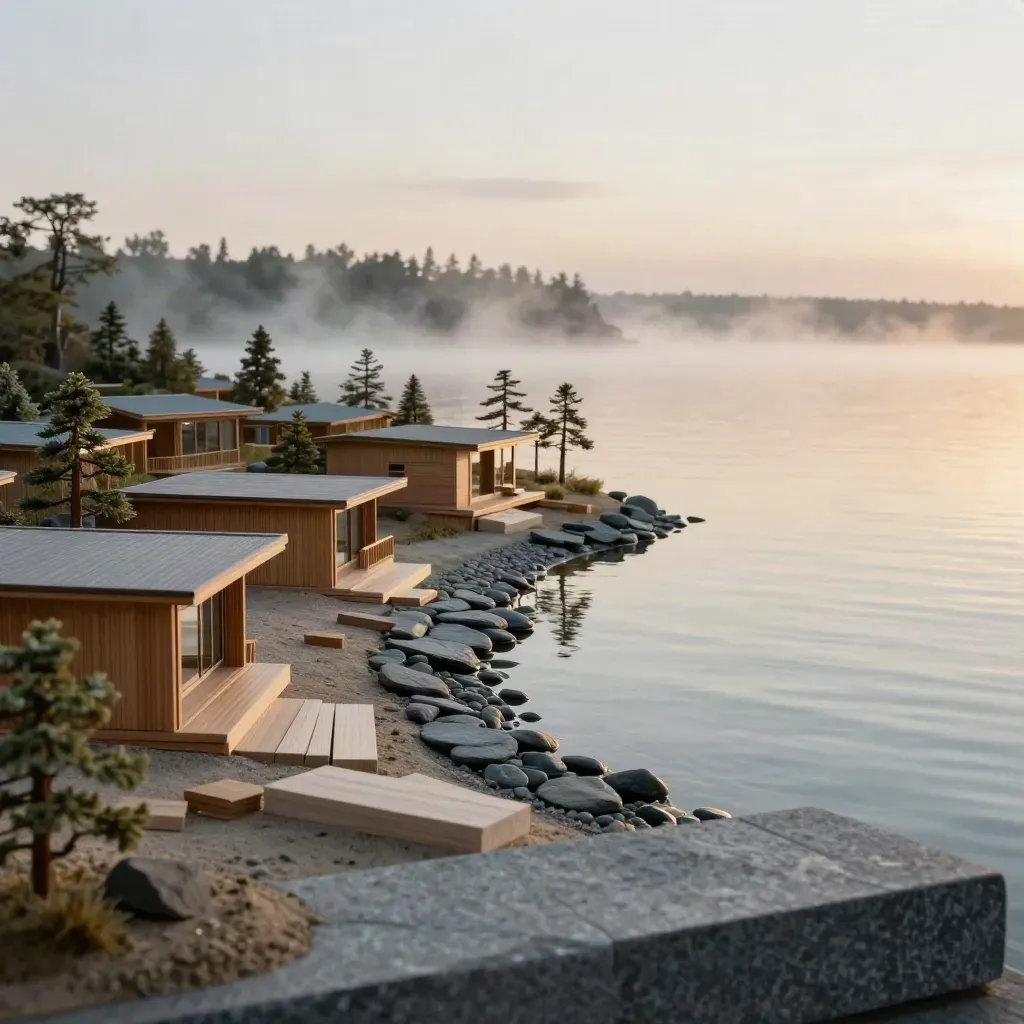 Cedar resort master-plan model beside slate stones and misty water at dawn