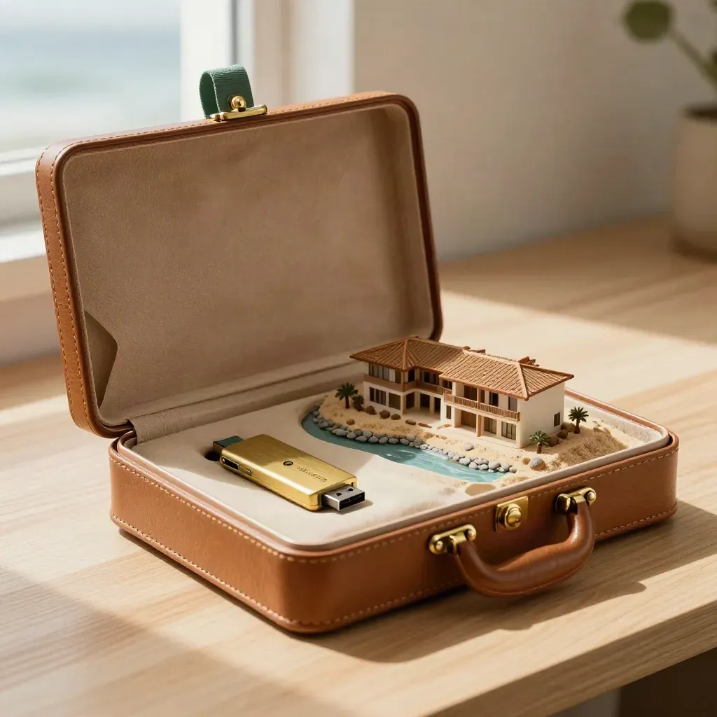 Leather presentation case, brass USB drive and small resort model on pale oak in warm window light.