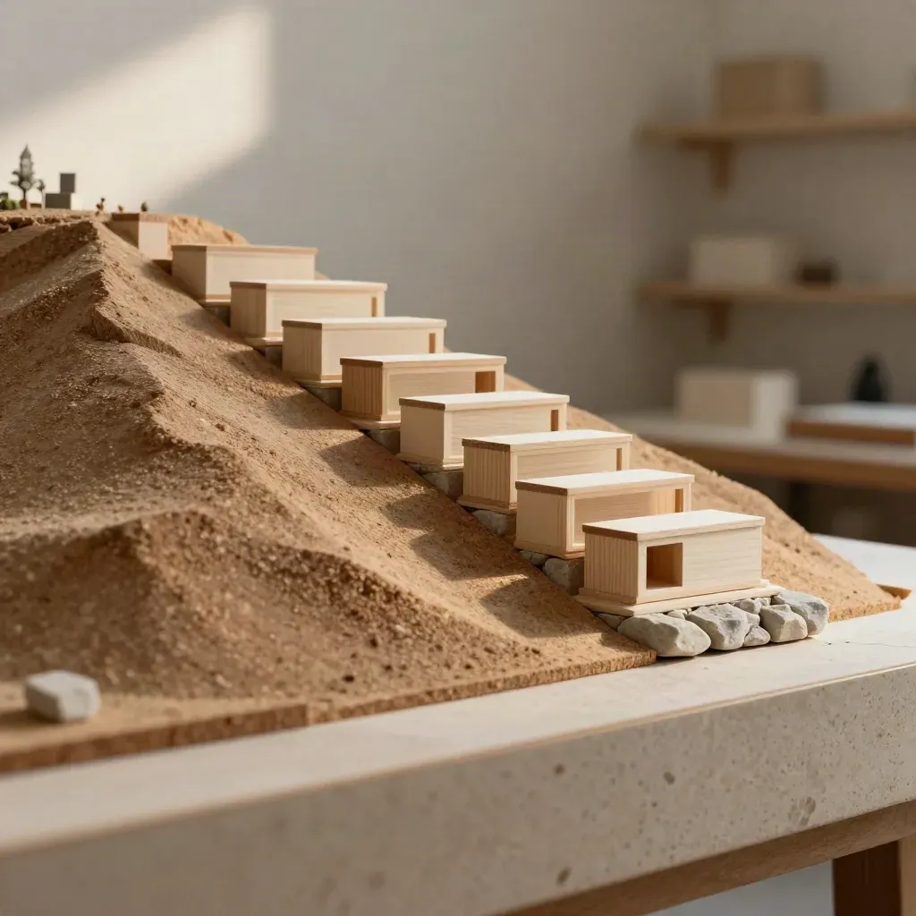 Hillside lodge feasibility model in basswood and cork on a stone base, warmly lit.