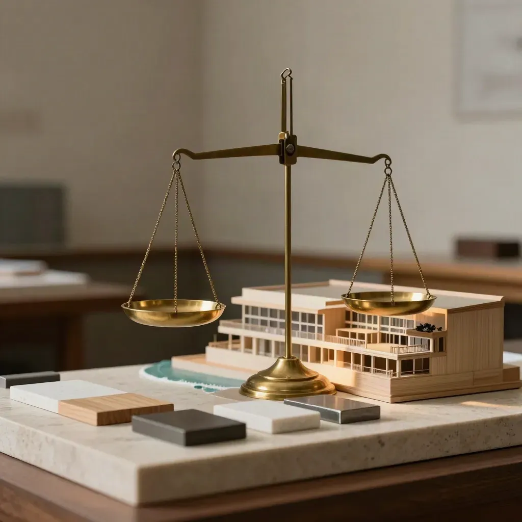 Brass balance scale beside a resort model and material samples in moody light.