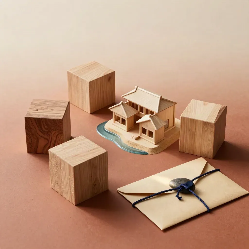 Top-down resort investment tableau with timber blocks, compact model, sealed envelope and stone marker.