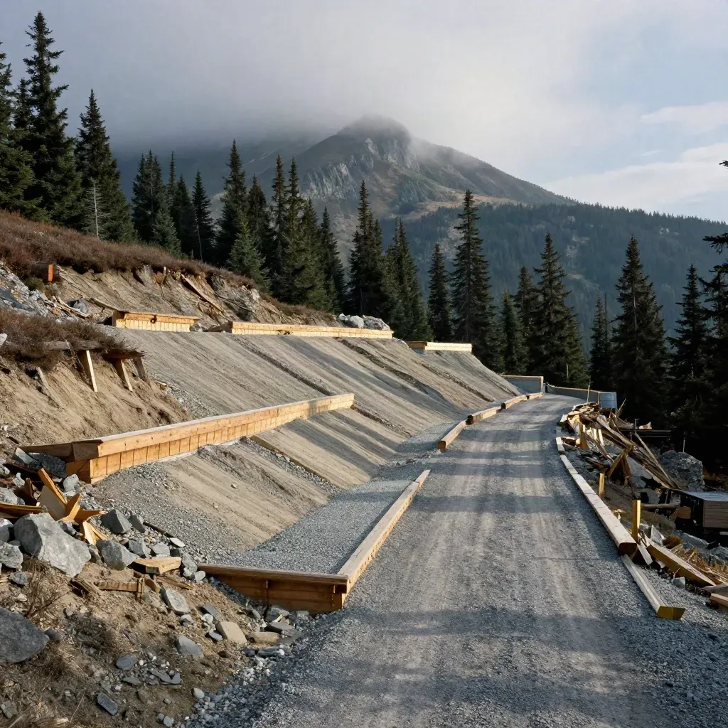BC lodge site on a mountainside with a pegged foundation pad, gravel drive, firs, and low cloud.