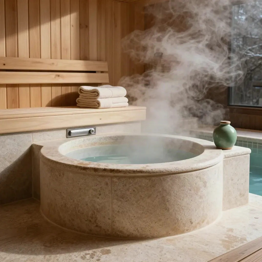 Steam rises over cedar sauna walls, a stone thermal basin, folded towels, and a mineral pool edge.