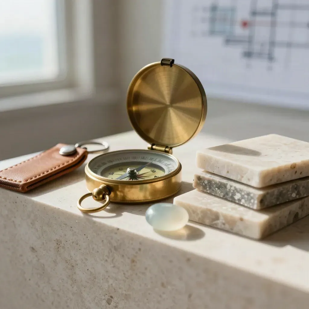 Brass compass, sea-glass stone, leather fob and travertine sample tiles on a ledge.