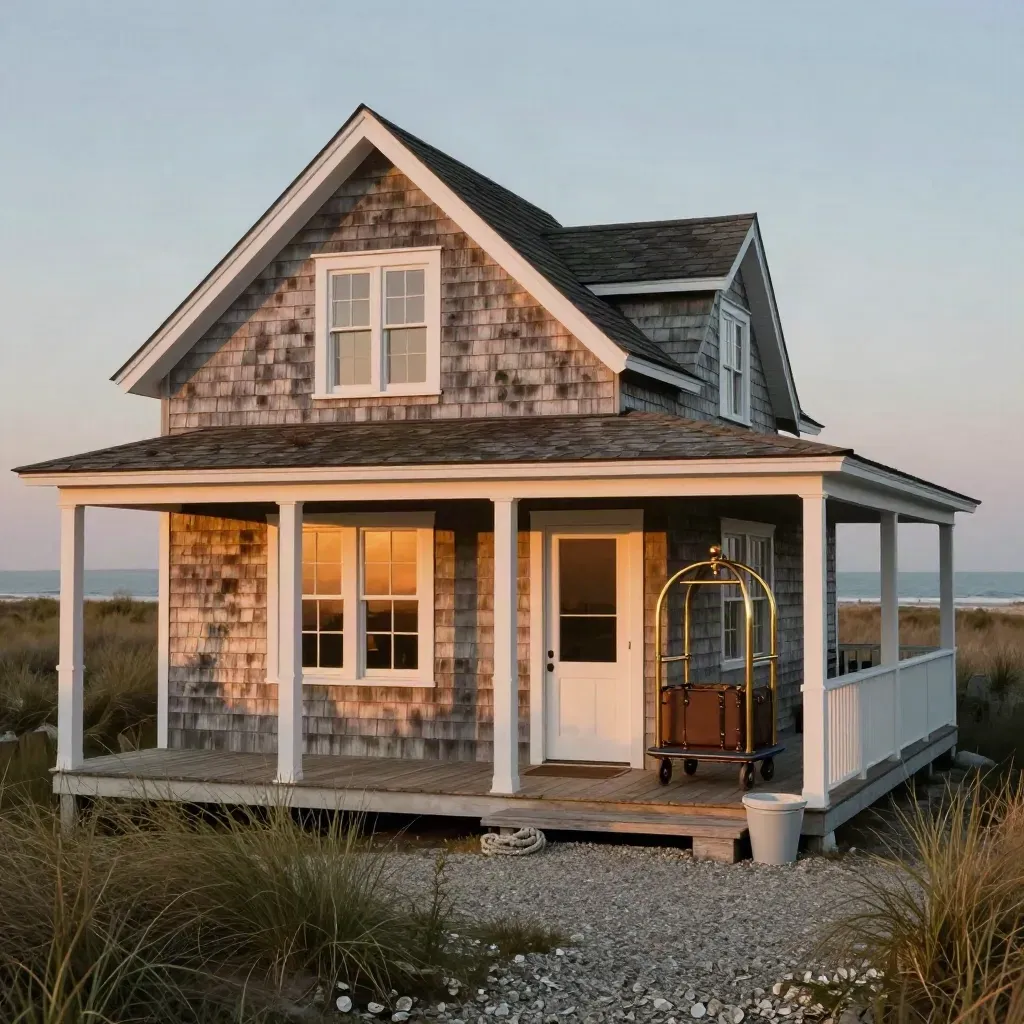 Atlantic inn at dusk with lit windows, salt-worn shingles, and an empty luggage cart by the sea.