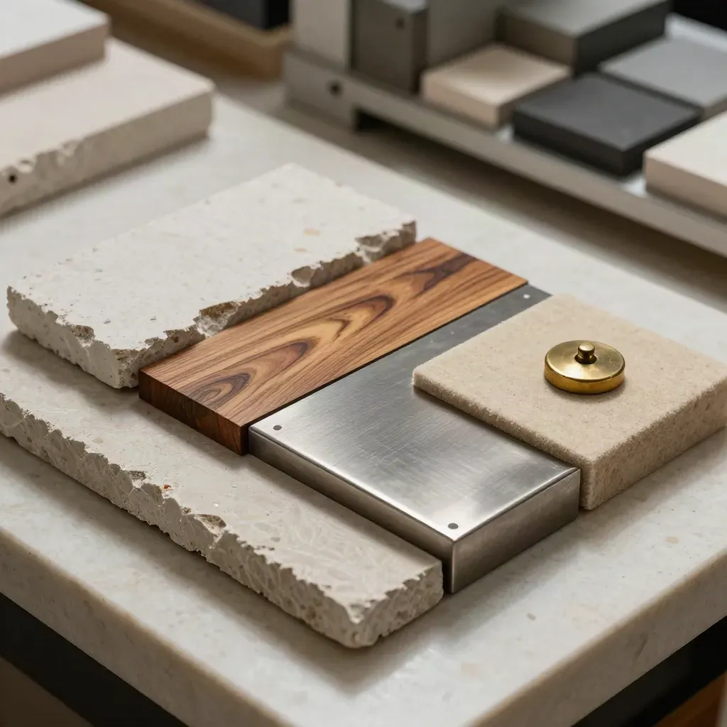 Limestone, cedar veneer, brushed metal and a brass balance weight on travertine in raking light