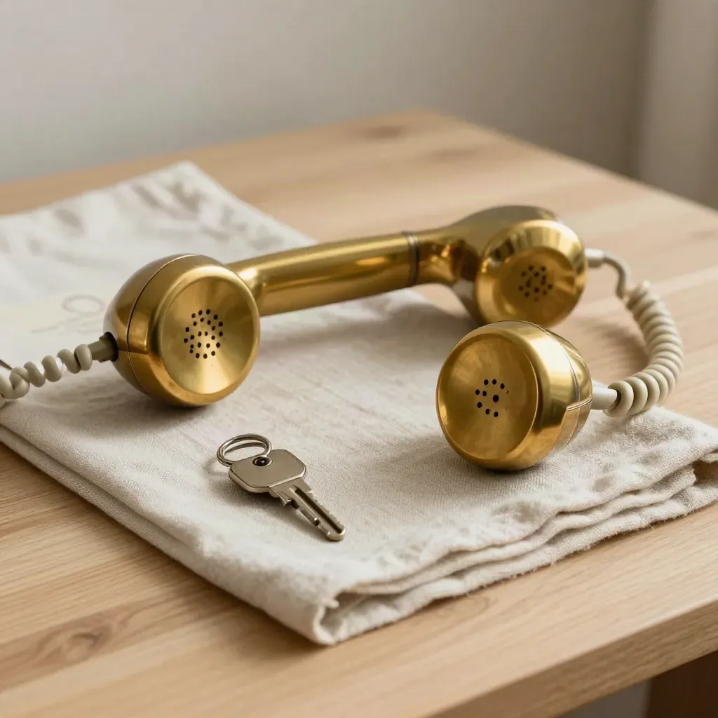 Brass hotel handset, cream cord loop and key fob on pale oak linen, lit softly from one side.