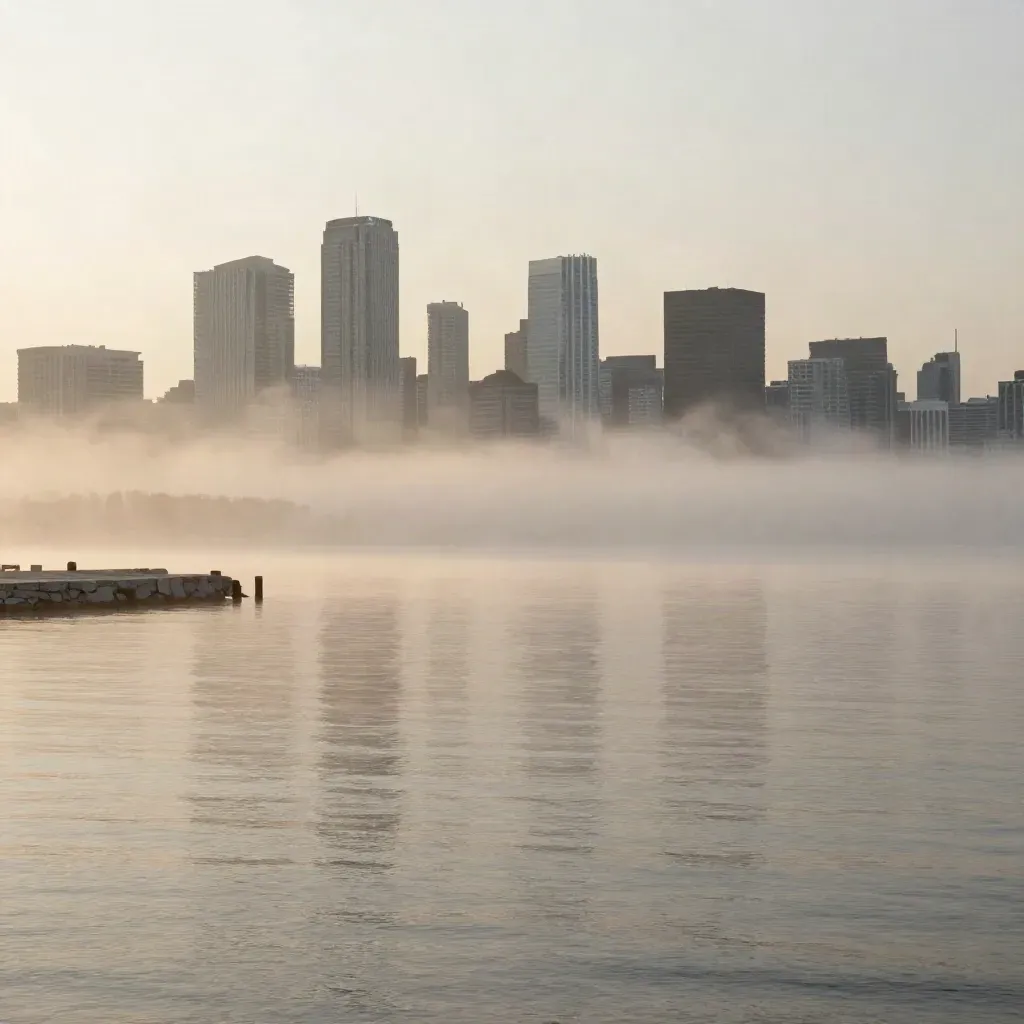 Toronto skyline at sunrise above a misty calm lake and harbor edge.