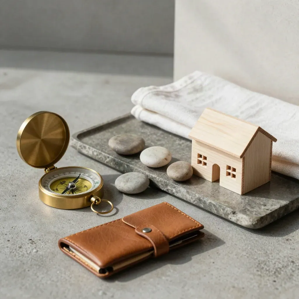 Brass compass, leather folder, river stones and a miniature lodge on a stone tray