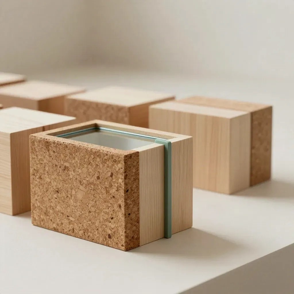 Cork terrain model with timber blocks and a mirrored water inset on a pale plaster sweep.