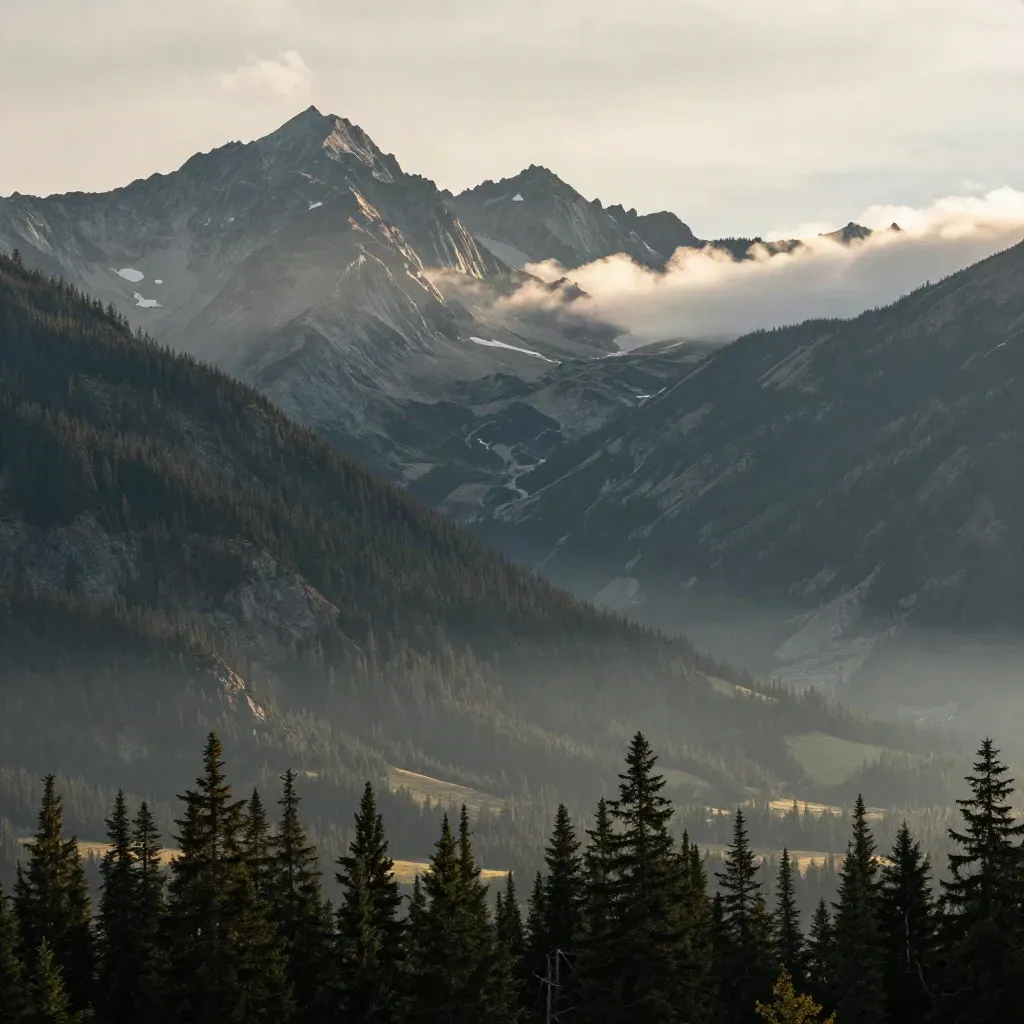 Whistler peaks above evergreen slopes with cloud drifting over a still misty valley.