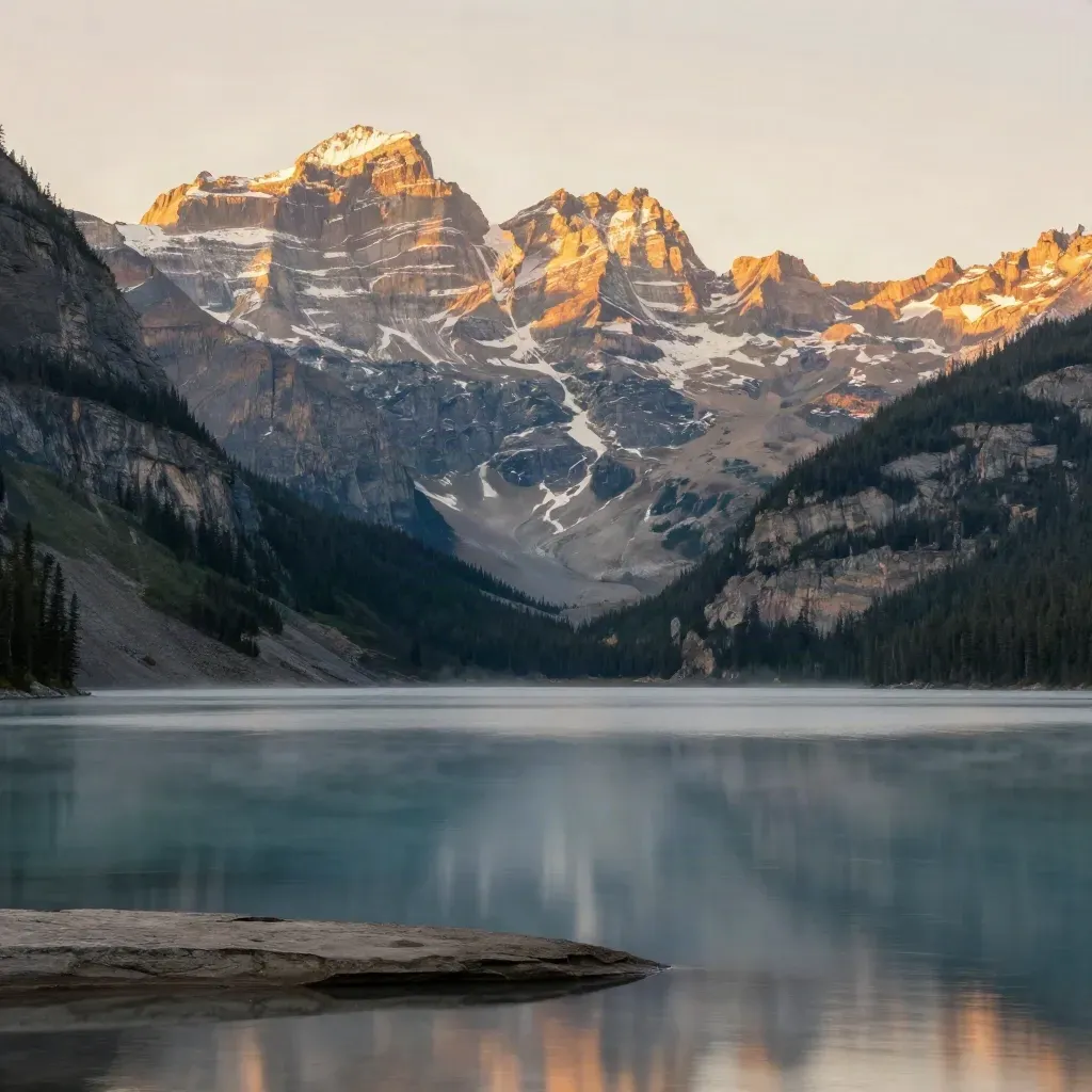Banff Rockies at golden hour above a glassy alpine lake
