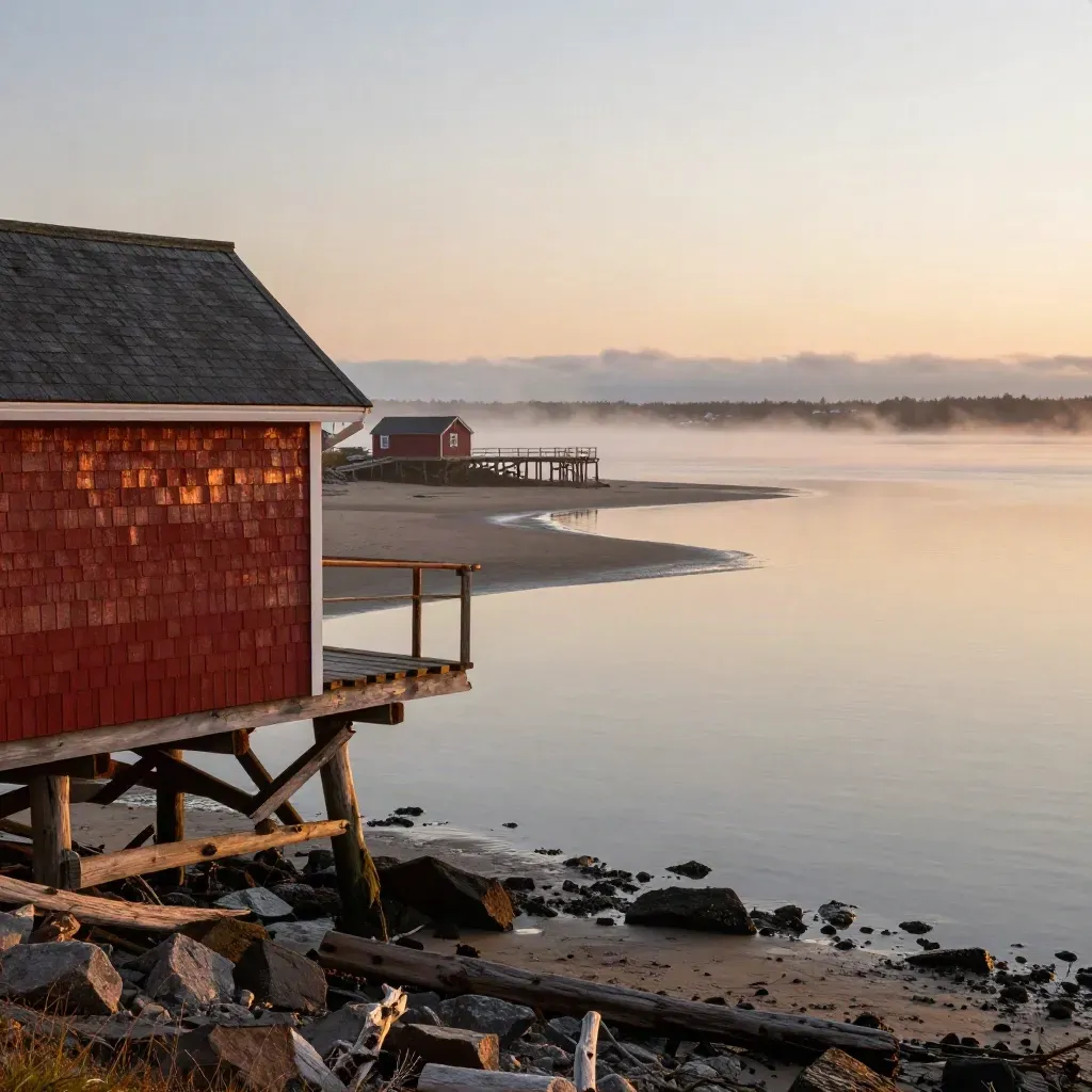 Sunset Atlantic Canada harbor edge with tidal flats, wharf timbers, and soft mist